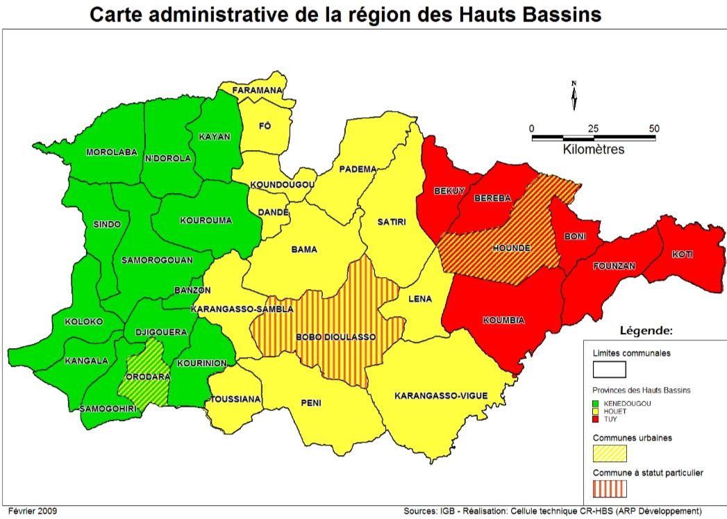 La carte dea region des Hauts-Bassins